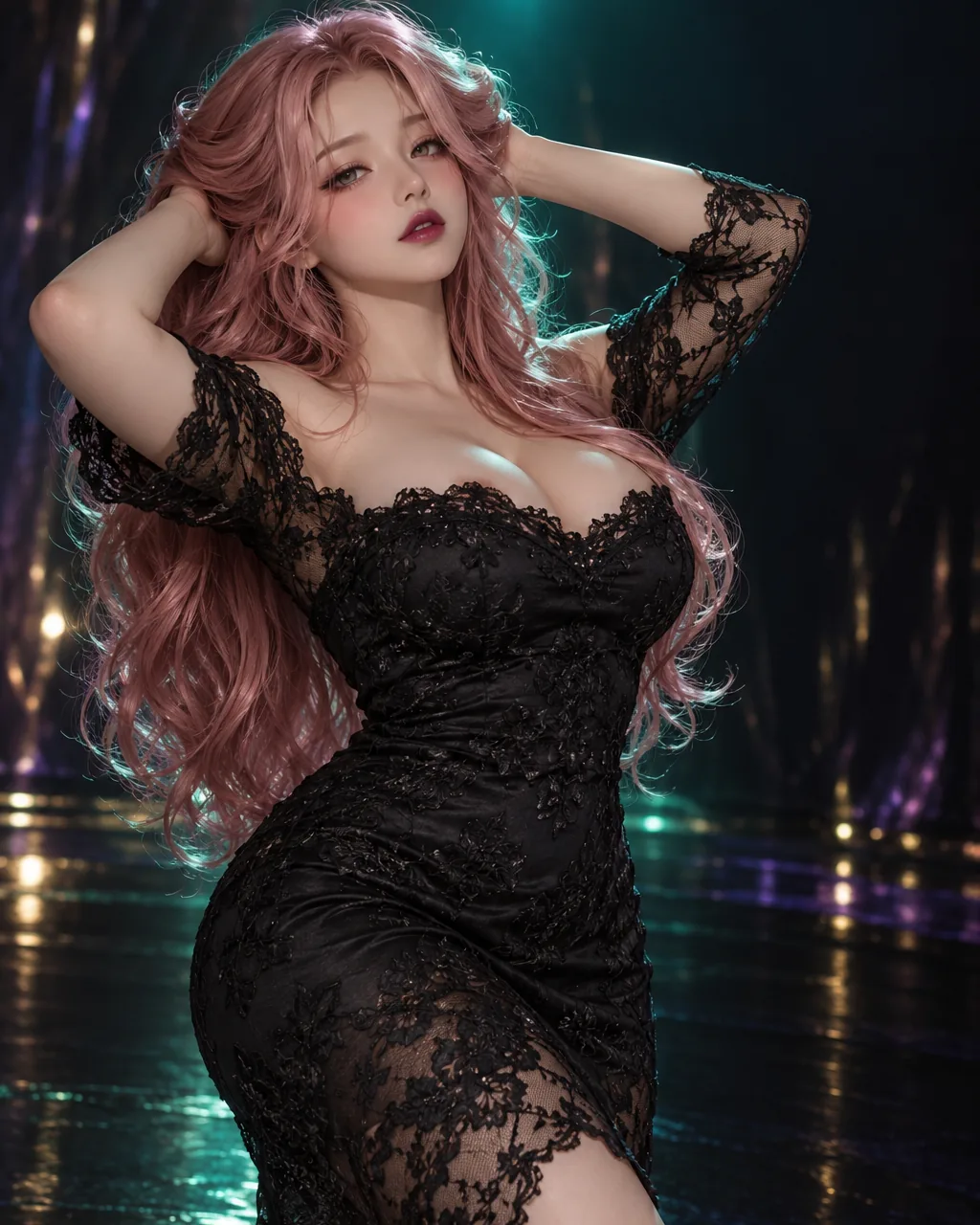 TPE anime doll with long rose-pink hair in big glossy waves
